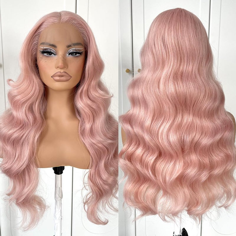 MITIMES Pink Wigs Glueless HD Lace Front Wigs Pre Plucked Synthetic Body Wave Wear And Go Lace Front Wig For Cosplay Party Light Pink Wig With Natural Hairline For Fashion Women - Image 2