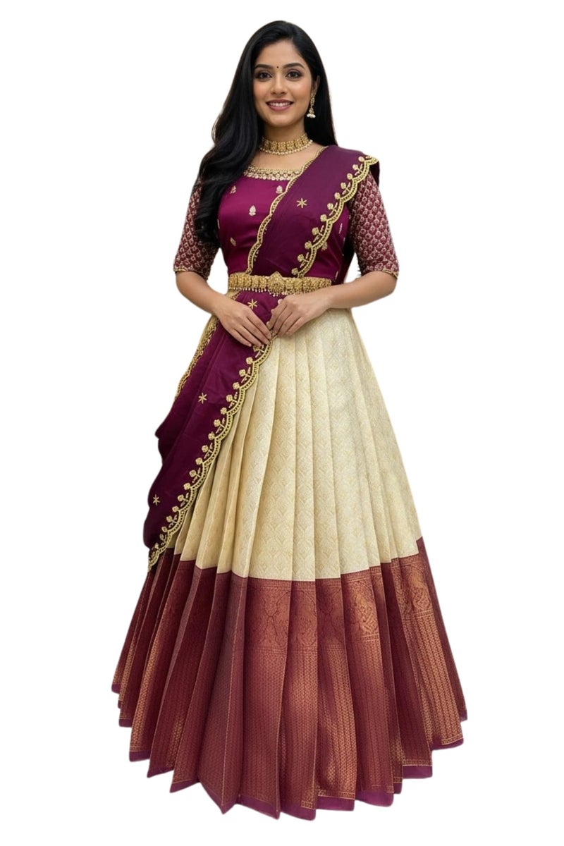 Fabcartz Beautiful Unstitch South Indian Lehenga Choli for Women | GT132 (Cream Purple) - Image 1