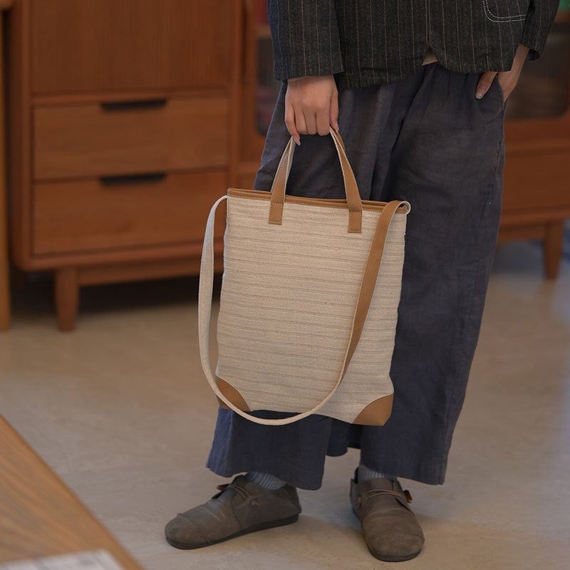 Casual Shoulder Crossbody Bag For Women, Large Capacity Stripesd Handheld Tote Bag, Canvas Bag, Work And Work Clothing Literary Bag - Image 1