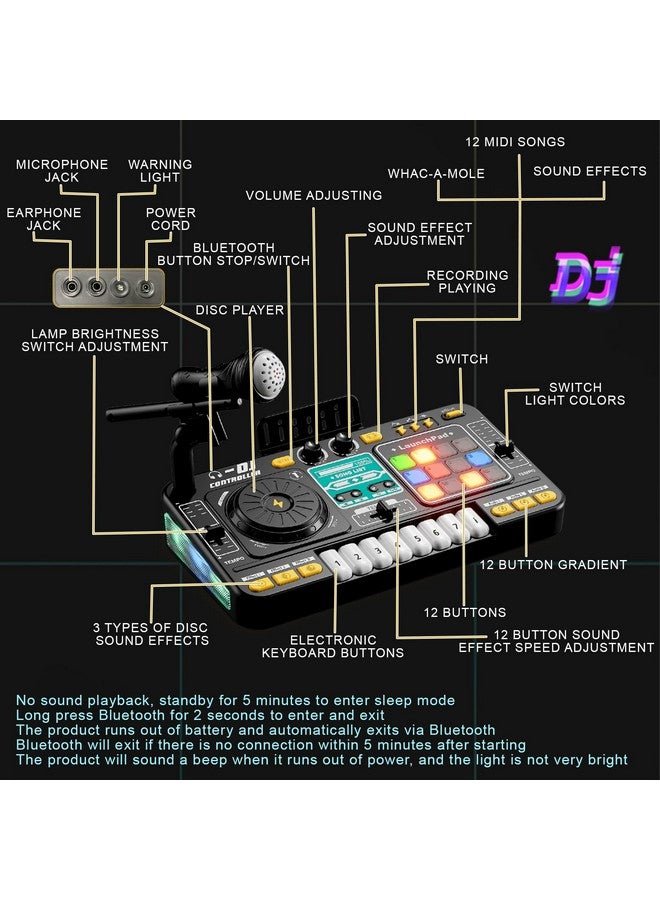 RedCrab Kids DJ Mixer Table with Microphone,Bluetooth,8 Piano Keys, LED Lights, Interactive Music Toy for Children, Musical DJ Set for Kids 3 4 5 6 7 8+ Birthday Gift(Black) - Image 3