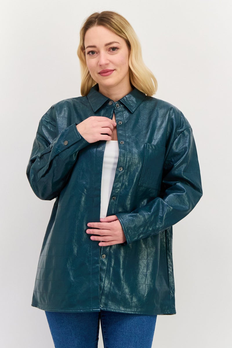 4th & Reckless Women Spread Collar Long Sleeve Textured Shirt, Dark Turquoise - Image 1