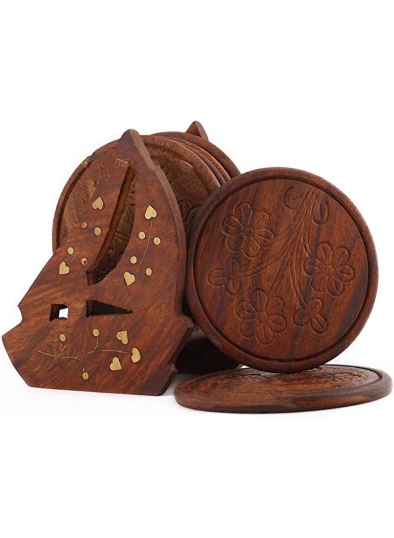 QUESERA Wooden Coaster Set for Tea  Coffee and Drink with Lotus Shaped Holder 