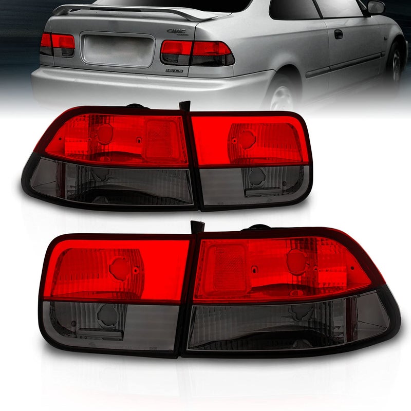 AmeriLite For 19962000 Honda Civic Coupe Red Smoke Crystal Replacement Brake Tail Lights 4pcs Assembly Set Passenger and Driver Side