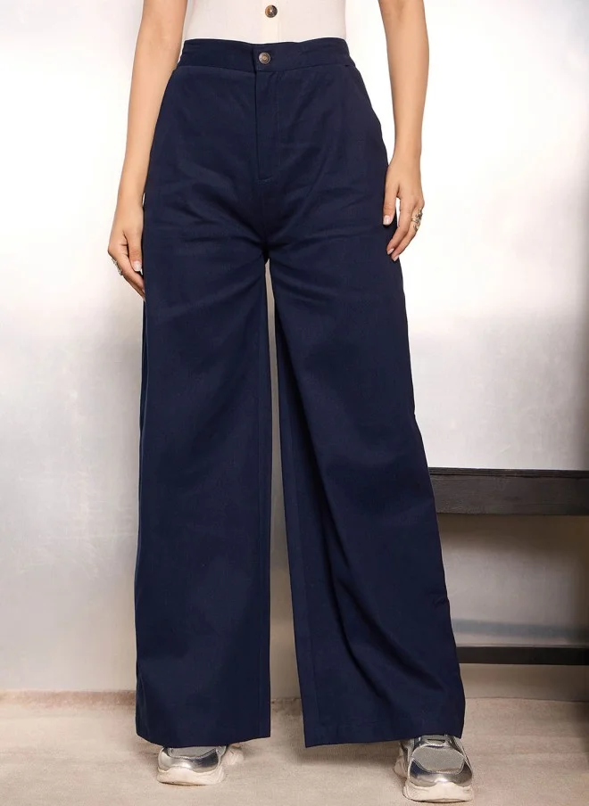 SASSAFRAS Navy Blue Loose Fit High-Rise Trousers for Women