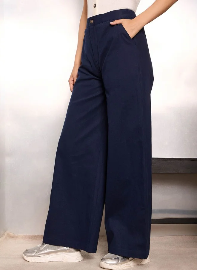 SASSAFRAS Navy Blue Loose Fit High-Rise Trousers for Women
