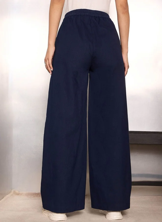 SASSAFRAS Navy Blue Loose Fit High-Rise Trousers for Women