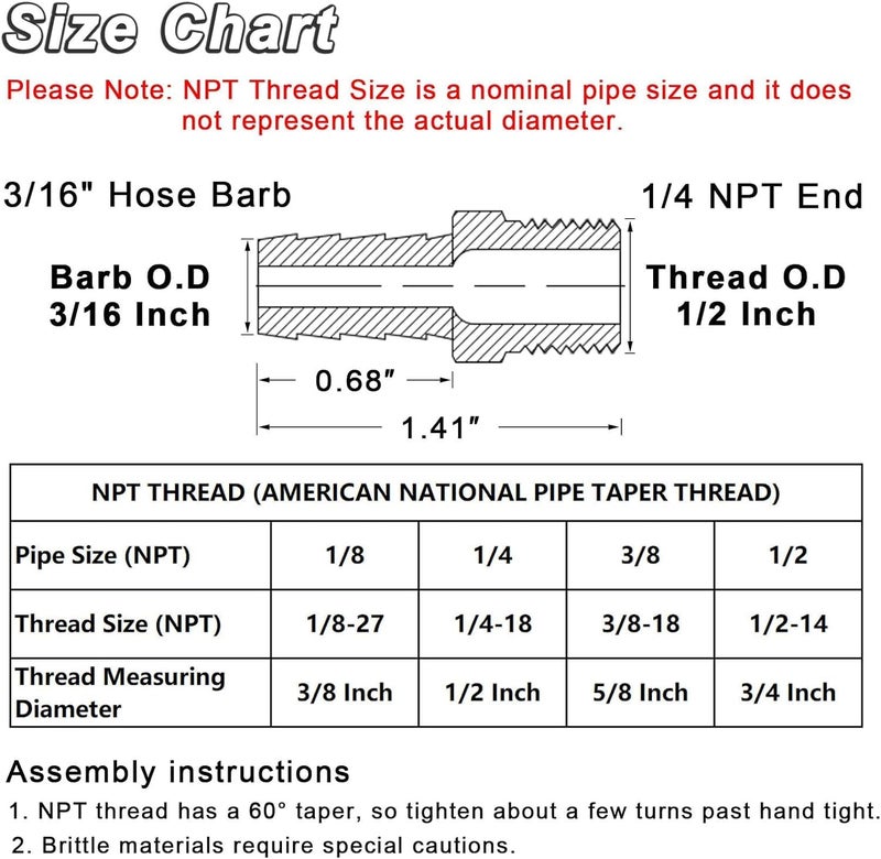 KOOTANS 4pcs Brass Hose Barb Fittings 3/16" Hose Barb to 1/4 NPT Male Thread Air Hose Fittings Brass Quick Coupler Air M Type Adapter Connector Fitting - Image 2