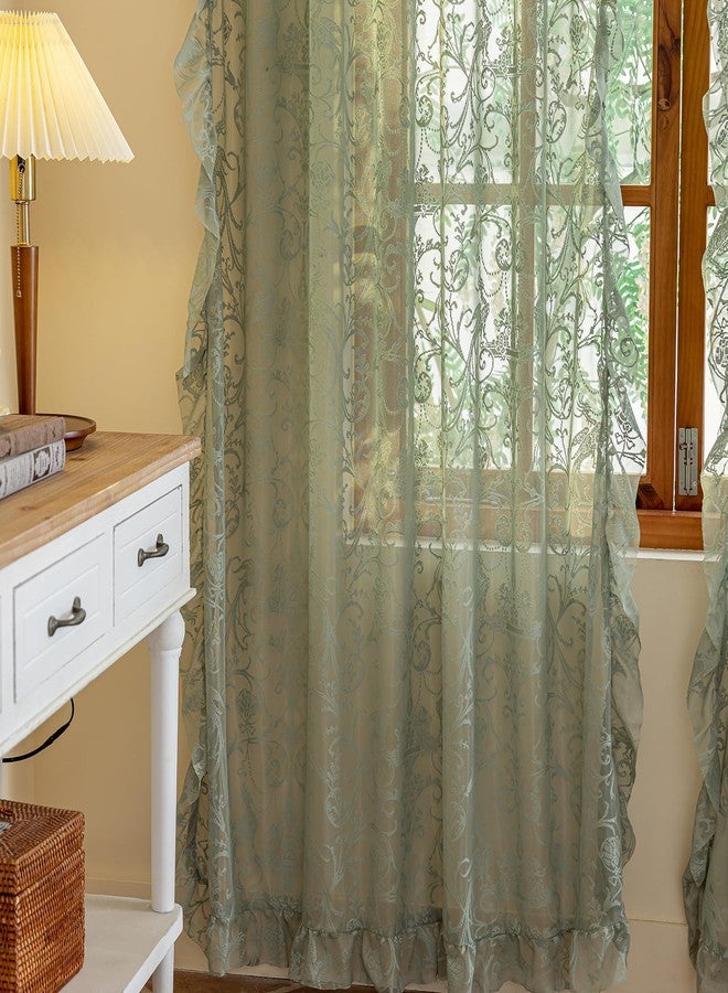 TUDECO Green Sheer Curtains 2 Panels - Spring Boho Floral Sage Green Curtains 84 Inches Long for Living Room, Vintage Flowy Ruffle Privacy Lace Sheer Window Treatment, 59 x 84 Inch, Light Green - Image 4