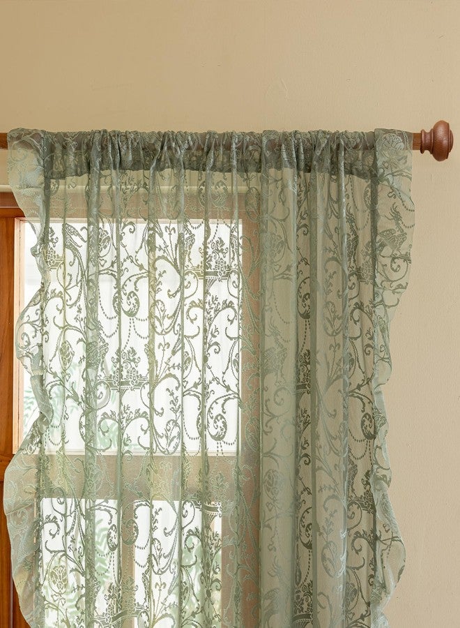 TUDECO Green Sheer Curtains 2 Panels - Spring Boho Floral Sage Green Curtains 84 Inches Long for Living Room, Vintage Flowy Ruffle Privacy Lace Sheer Window Treatment, 59 x 84 Inch, Light Green - Image 2
