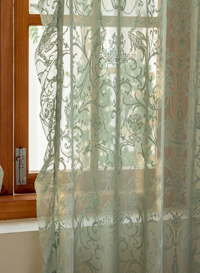 TUDECO Green Sheer Curtains 2 Panels - Spring Boho Floral Sage Green Curtains 84 Inches Long for Living Room, Vintage Flowy Ruffle Privacy Lace Sheer Window Treatment, 59 x 84 Inch, Light Green - Image 1