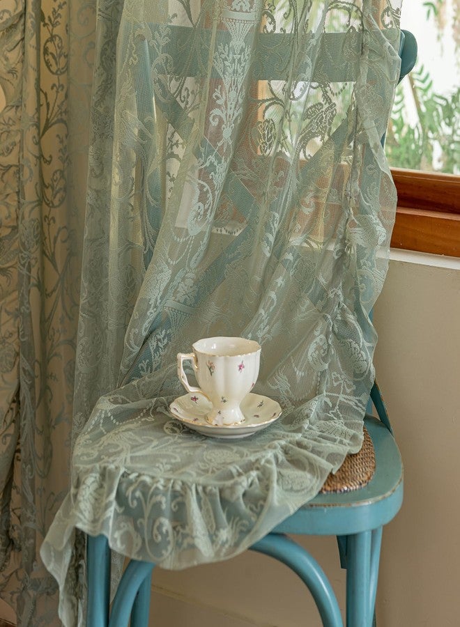 TUDECO Green Sheer Curtains 2 Panels - Spring Boho Floral Sage Green Curtains 84 Inches Long for Living Room, Vintage Flowy Ruffle Privacy Lace Sheer Window Treatment, 59 x 84 Inch, Light Green - Image 5