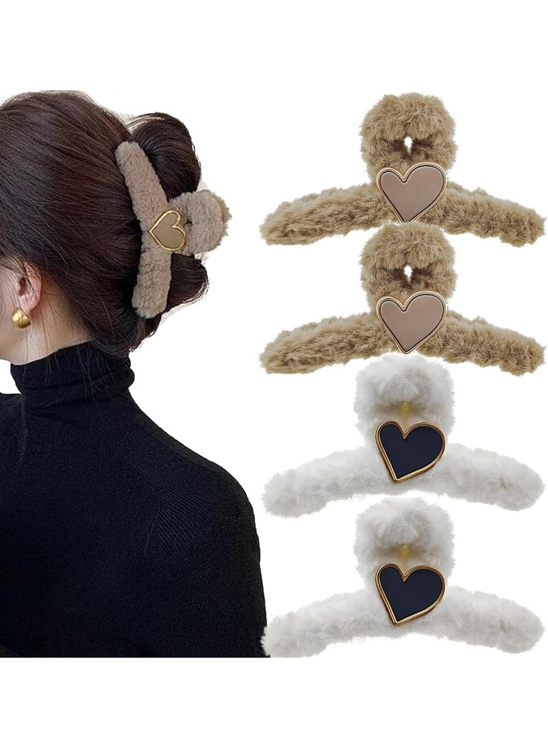 Large Hair Claw Clips, Faux Fur Plush Hair Catch Barrette Jaw Clamp, Cute Heart Furry Claw Clips for Thick Curly Hair Catch Accesories for Women and Girls - Image 1