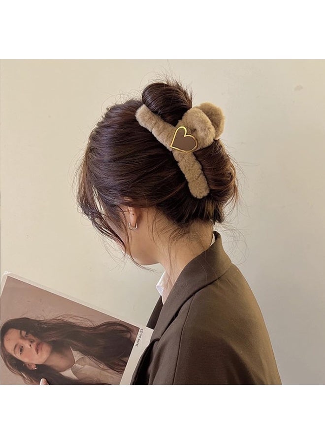 Large Hair Claw Clips, Faux Fur Plush Hair Catch Barrette Jaw Clamp, Cute Heart Furry Claw Clips for Thick Curly Hair Catch Accesories for Women and Girls - Image 4
