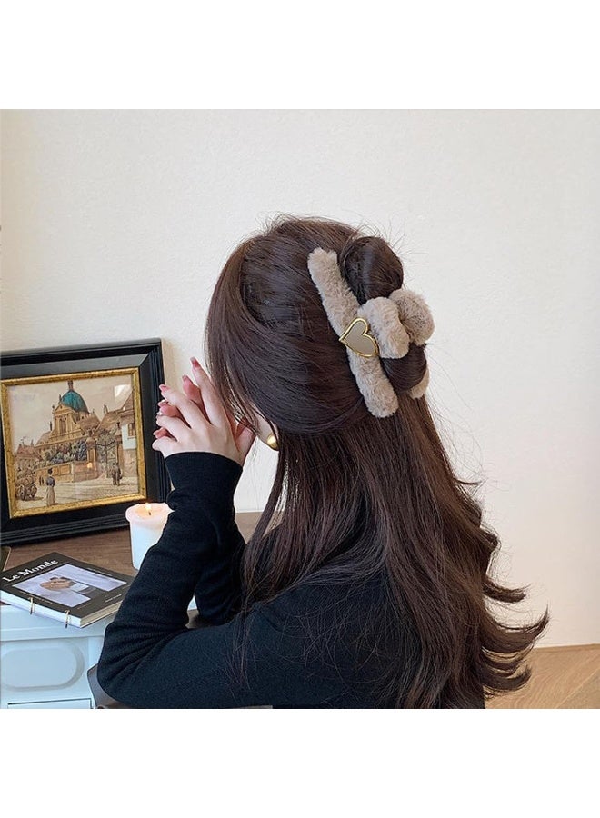 Large Hair Claw Clips, Faux Fur Plush Hair Catch Barrette Jaw Clamp, Cute Heart Furry Claw Clips for Thick Curly Hair Catch Accesories for Women and Girls - Image 3