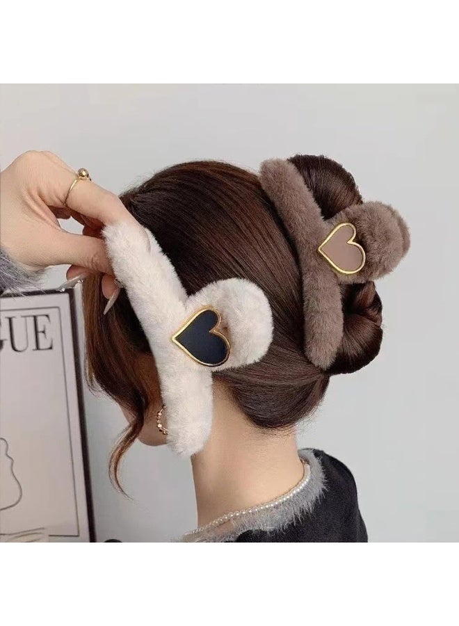Large Hair Claw Clips, Faux Fur Plush Hair Catch Barrette Jaw Clamp, Cute Heart Furry Claw Clips for Thick Curly Hair Catch Accesories for Women and Girls - Image 5