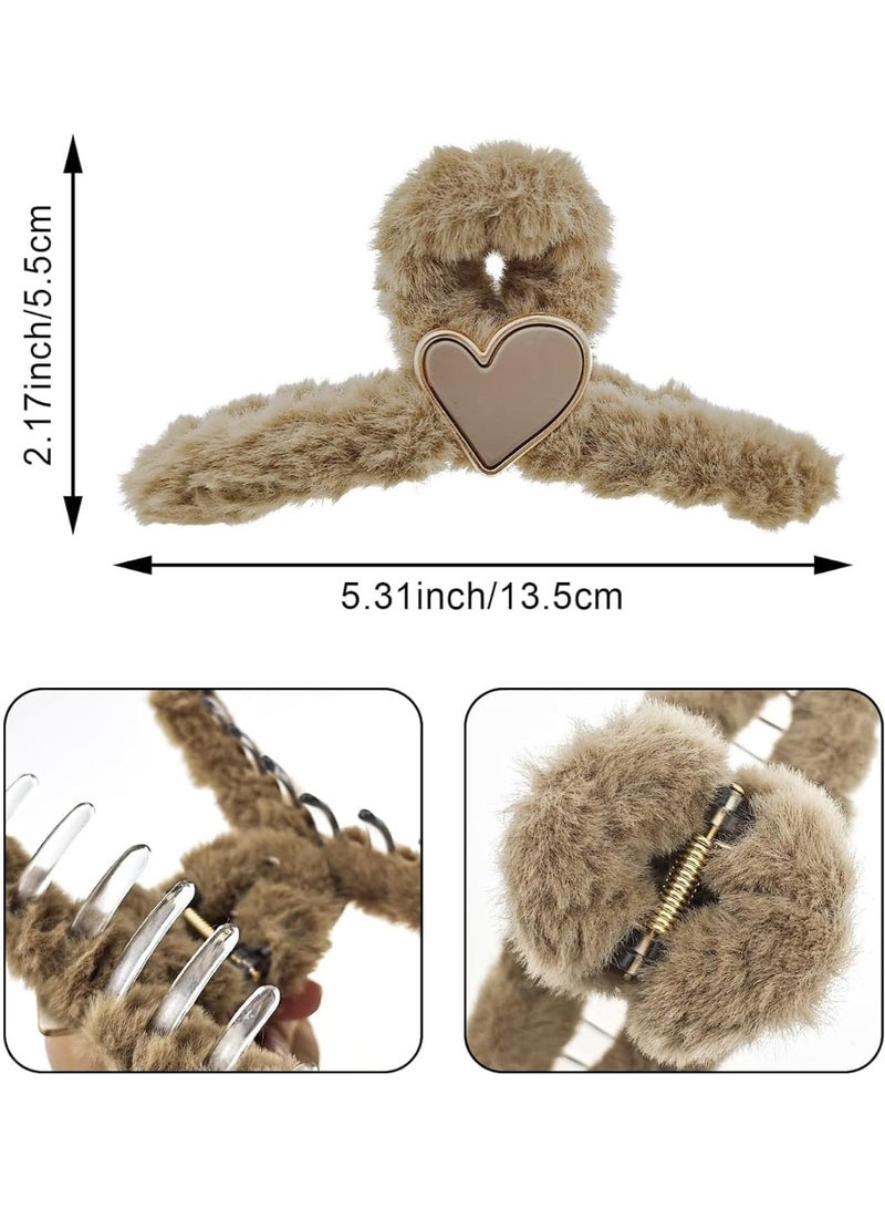 Large Hair Claw Clips, Faux Fur Plush Hair Catch Barrette Jaw Clamp, Cute Heart Furry Claw Clips for Thick Curly Hair Catch Accesories for Women and Girls - Image 2