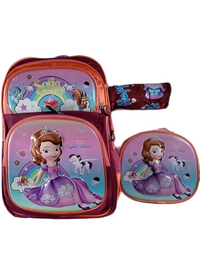 Generic School backpack, 3 pieces for girls and boys, 18 inches, bride (burgundy + pink + orange)  - Image 1