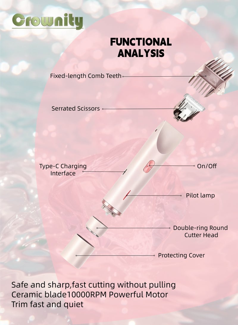 Crownity Bikini Trimmer & Facial Hair Remover for Ladies - Electric Shaver with Dual-Head Dual-Use Hair Trimmer, IPX7 Waterproof Wet-Dry Shaver for Legs, Arms, Underarms & Body Parts (Pink) - Image 2