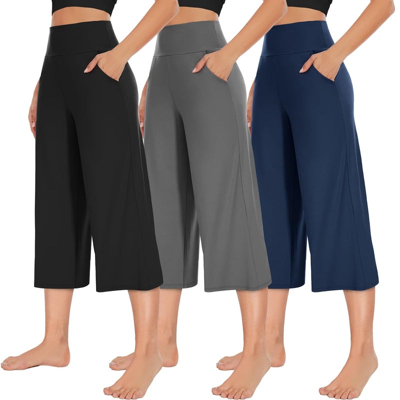 NEW YOUNG 3 Pack Women's Wide Leg Capri Pants with Pockets High Waist Loose Sweatpants Casual Lounge Yoga Workout Palazzo - Image 1