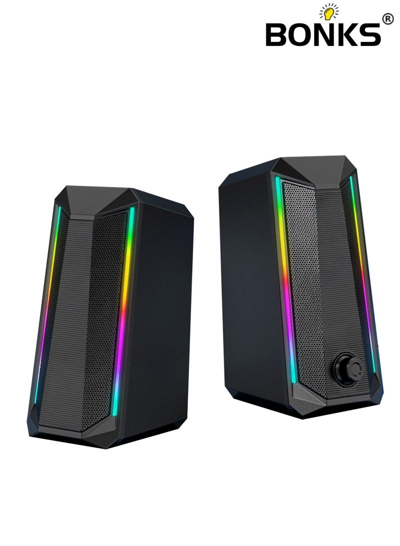 BONKS Desktop Speakers, 2.0 Channel PC Computer HiFi Stereo Gaming Speaker with Colorful LED Light Modes, Enhanced Bass and Easy-Access Volume Control, USB Powered with 3.5mm AUX-in - Image 1