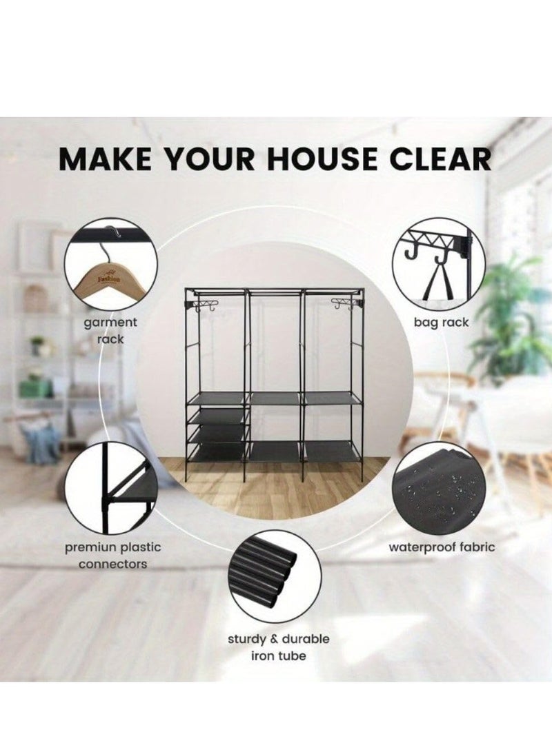 شو وو قطعة واحدة، حامل معاطف كبير من الفولاذ الكربوني، منظم ملابس أسود قائم على الأرض مع رفوف للأحذية والتخزين، لتعليق الملابس على الرفوف، مثالي لغرفة النوم والممر، سهل التجميع الذاتي، أسود - Image 3