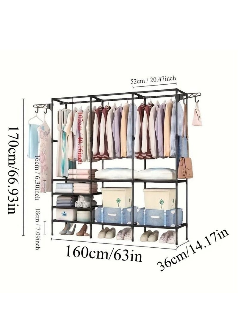 شو وو قطعة واحدة، حامل معاطف كبير من الفولاذ الكربوني، منظم ملابس أسود قائم على الأرض مع رفوف للأحذية والتخزين، لتعليق الملابس على الرفوف، مثالي لغرفة النوم والممر، سهل التجميع الذاتي، أسود - Image 2