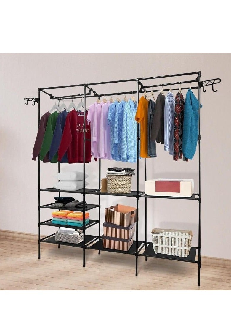 شو وو قطعة واحدة، حامل معاطف كبير من الفولاذ الكربوني، منظم ملابس أسود قائم على الأرض مع رفوف للأحذية والتخزين، لتعليق الملابس على الرفوف، مثالي لغرفة النوم والممر، سهل التجميع الذاتي، أسود - Image 5