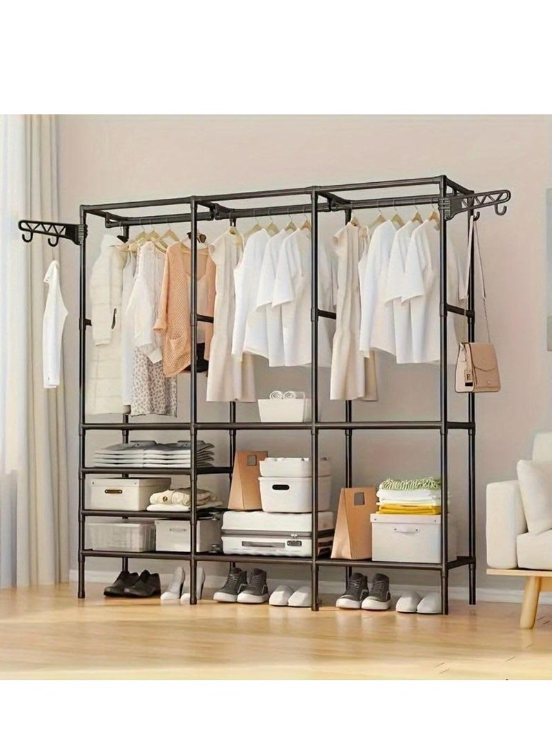 شو وو قطعة واحدة، حامل معاطف كبير من الفولاذ الكربوني، منظم ملابس أسود قائم على الأرض مع رفوف للأحذية والتخزين، لتعليق الملابس على الرفوف، مثالي لغرفة النوم والممر، سهل التجميع الذاتي، أسود - Image 4