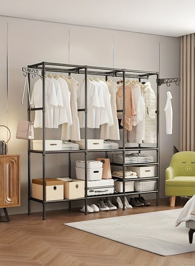 شو وو قطعة واحدة، حامل معاطف كبير من الفولاذ الكربوني، منظم ملابس أسود قائم على الأرض مع رفوف للأحذية والتخزين، لتعليق الملابس على الرفوف، مثالي لغرفة النوم والممر، سهل التجميع الذاتي، أسود - Image 1