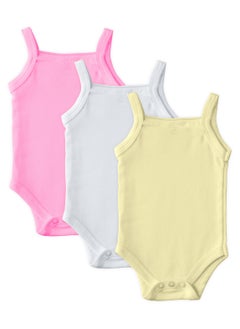 Babies Basic BabiesBasic 100% Super Combed Cotton, Sleeveless Girls Romper/Bodysuit, for New Born to 24months. Set of 3, Pink, Lemon, White  - Image 1