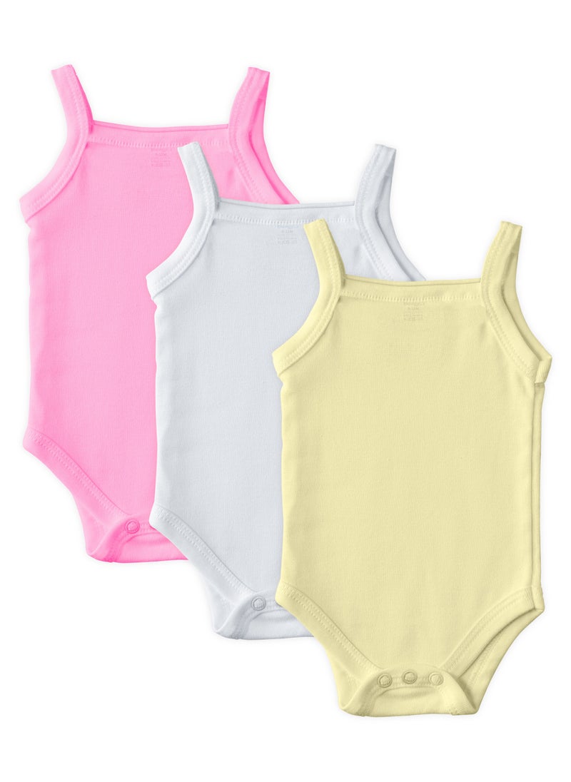 Babies Basic BabiesBasic 100% Super Combed Cotton, Sleeveless Girls Romper/Bodysuit, for New Born to 24months. Set of 3, Pink, Lemon, White  - Image 1
