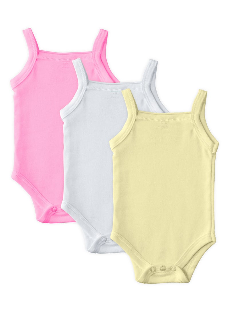 Babies Basic BabiesBasic 100% Super Combed Cotton, Sleeveless Girls Romper/Bodysuit, for New Born to 24months. Set of 3, Pink, Lemon, White - Image 1