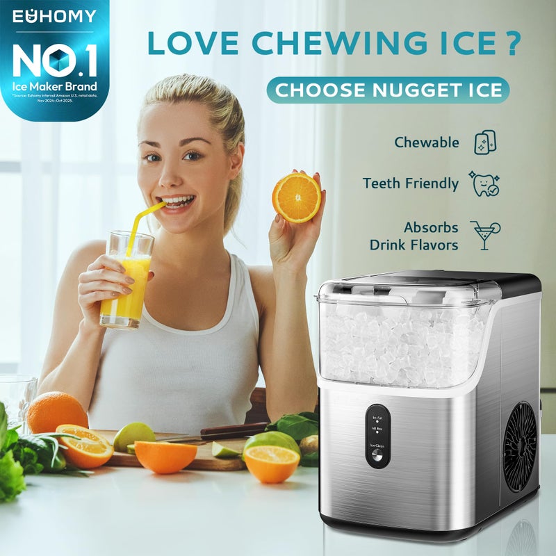 EUHOMY Nugget Ice Makers for Countertop with Ice Scoop & Basket, Self-Cleaning Sonic Pebble/Pellet Ice Maker Machine with 35lbs/24H Soft Ice for Home/Kitchen/Office, Stainless Steel, Silver - Image 2