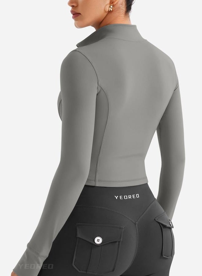 YEOREO CoreFlex Womens Workout Jackets Cropped Zip Up Athletic Jackets Arsene Slim Fit Yoga Running Tops with Thumb Holes, Black, M - Image 2