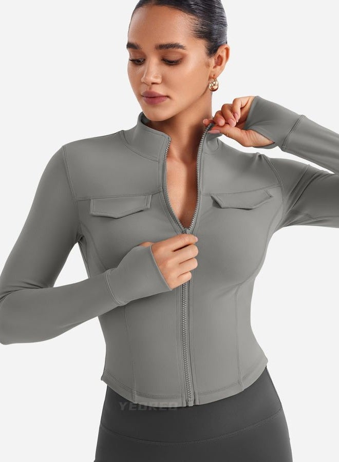 YEOREO CoreFlex Womens Workout Jackets Cropped Zip Up Athletic Jackets Arsene Slim Fit Yoga Running Tops with Thumb Holes, Black, M - Image 4