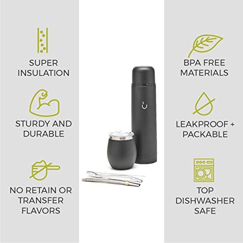 BALIBETOV Complete Yerba Mate Set - Modern Mate Gourd, Thermal Flask, Bombilla and Cleaning Brush Included - All Premium Quality 304 18/8 Stainless Steel (Full Black) - Image 4