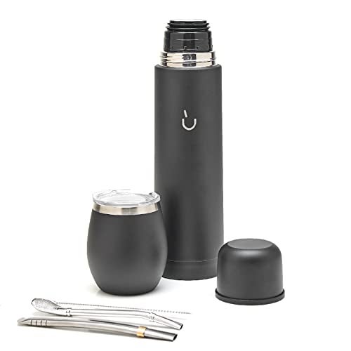 BALIBETOV Complete Yerba Mate Set - Modern Mate Gourd, Thermal Flask, Bombilla and Cleaning Brush Included - All Premium Quality 304 18/8 Stainless Steel (Full Black) - Image 1
