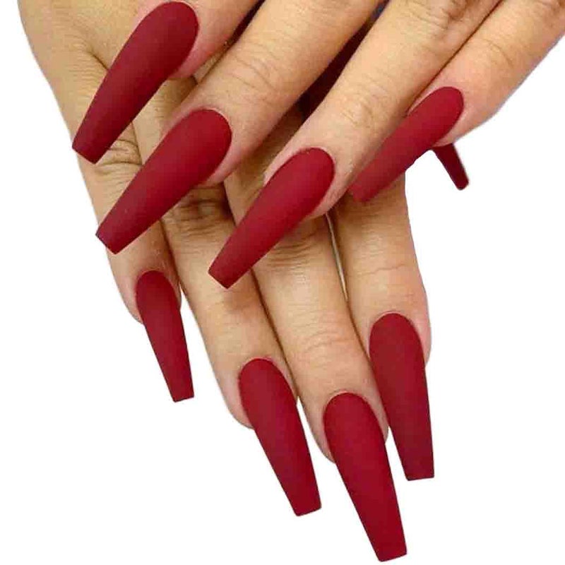 Outyua Matte Super Long False Nails Coffin Ballerina Extra Long Press on Nails Acrylic Fake Nails Acrylic Full Cover Nails 24Pcs Wine Red