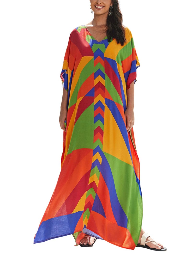 IMAGEKOPE Women's Plus Size Loose Fit Moroccan Print V-Neck Batwing Kaftan Beach Dress Bathing Suit Cover Up - Image 1