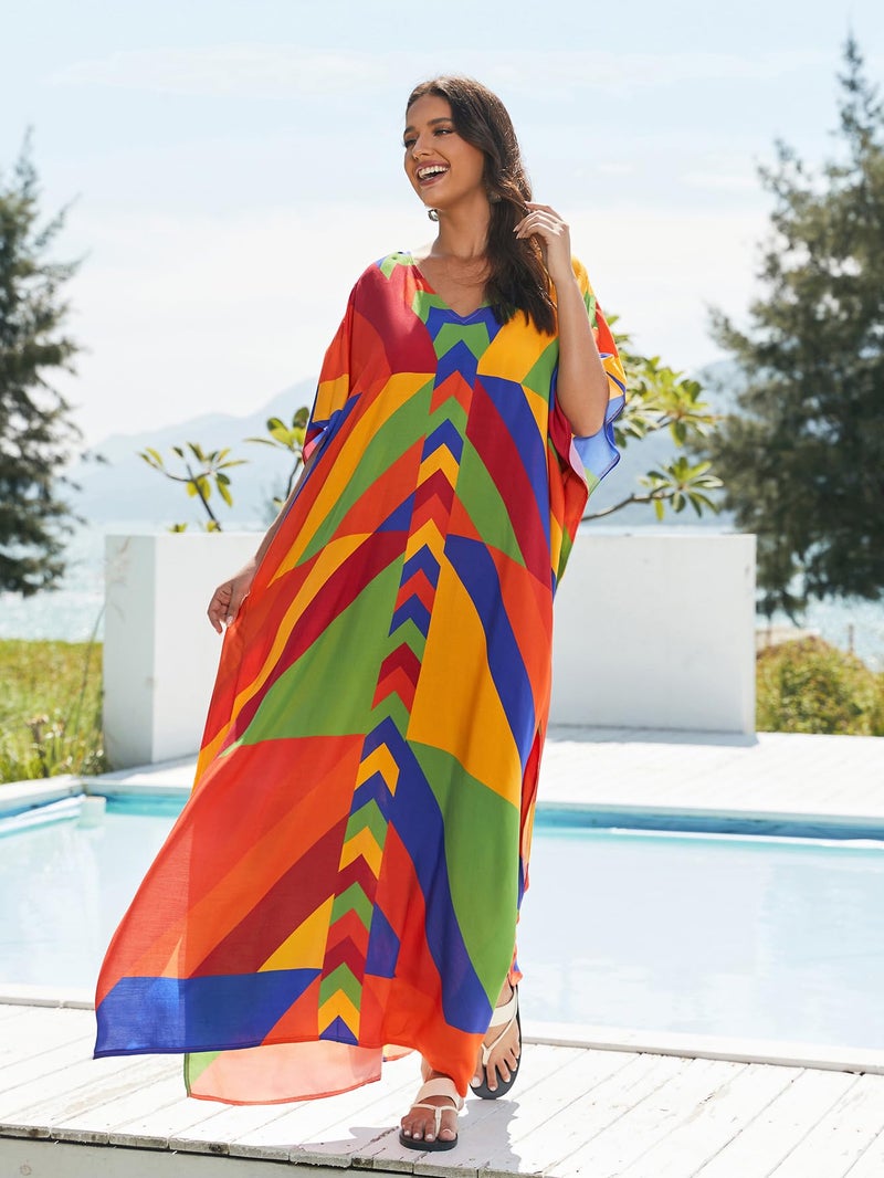 IMAGEKOPE Women's Plus Size Loose Fit Moroccan Print V-Neck Batwing Kaftan Beach Dress Bathing Suit Cover Up - Image 4