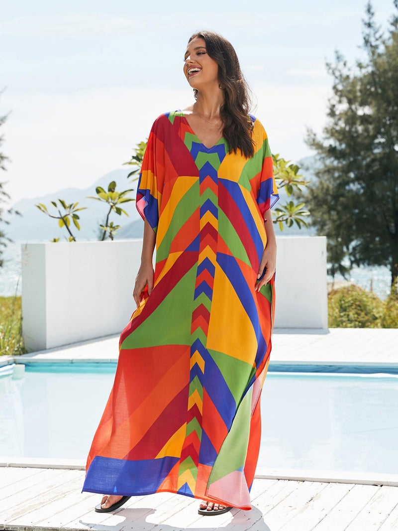 IMAGEKOPE Women's Plus Size Loose Fit Moroccan Print V-Neck Batwing Kaftan Beach Dress Bathing Suit Cover Up - Image 3