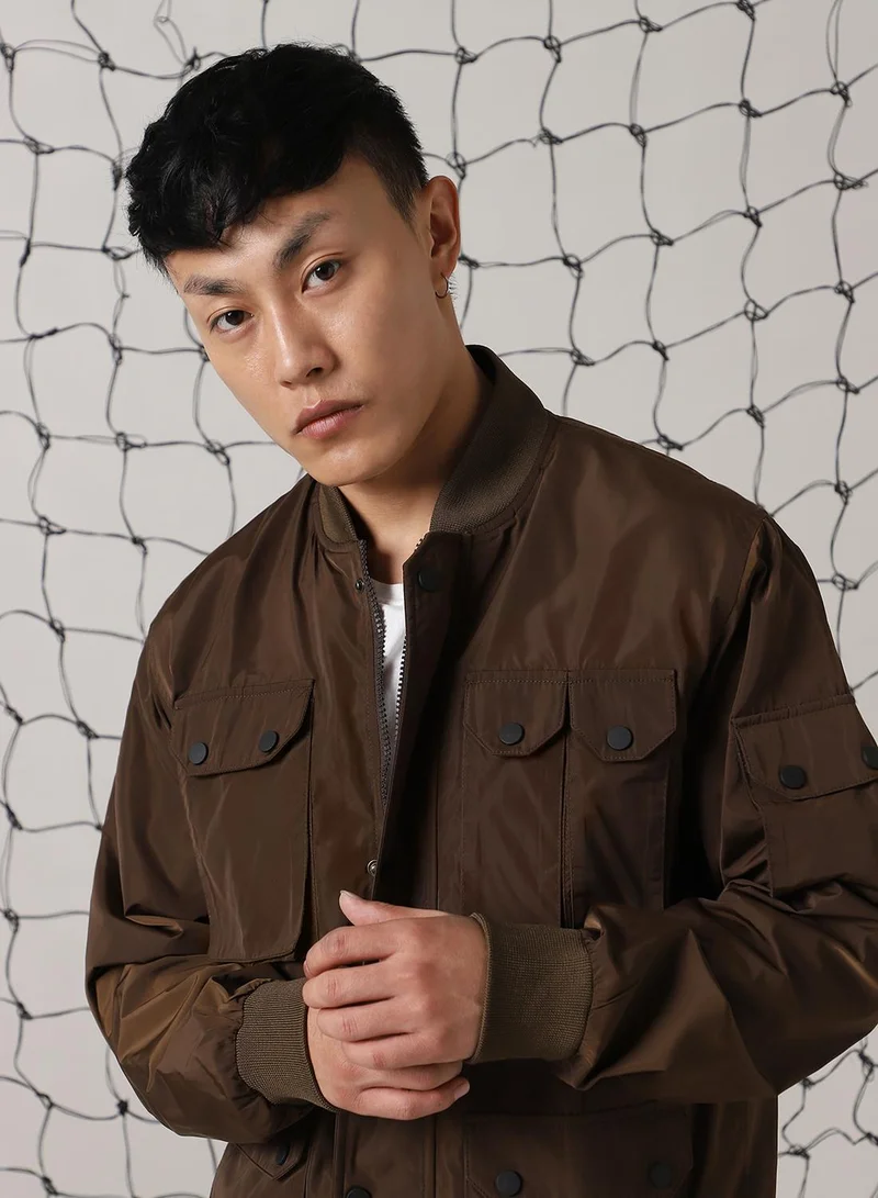 Hubberholme Men's Brown 100% Polyester Solid Oversized Jacket