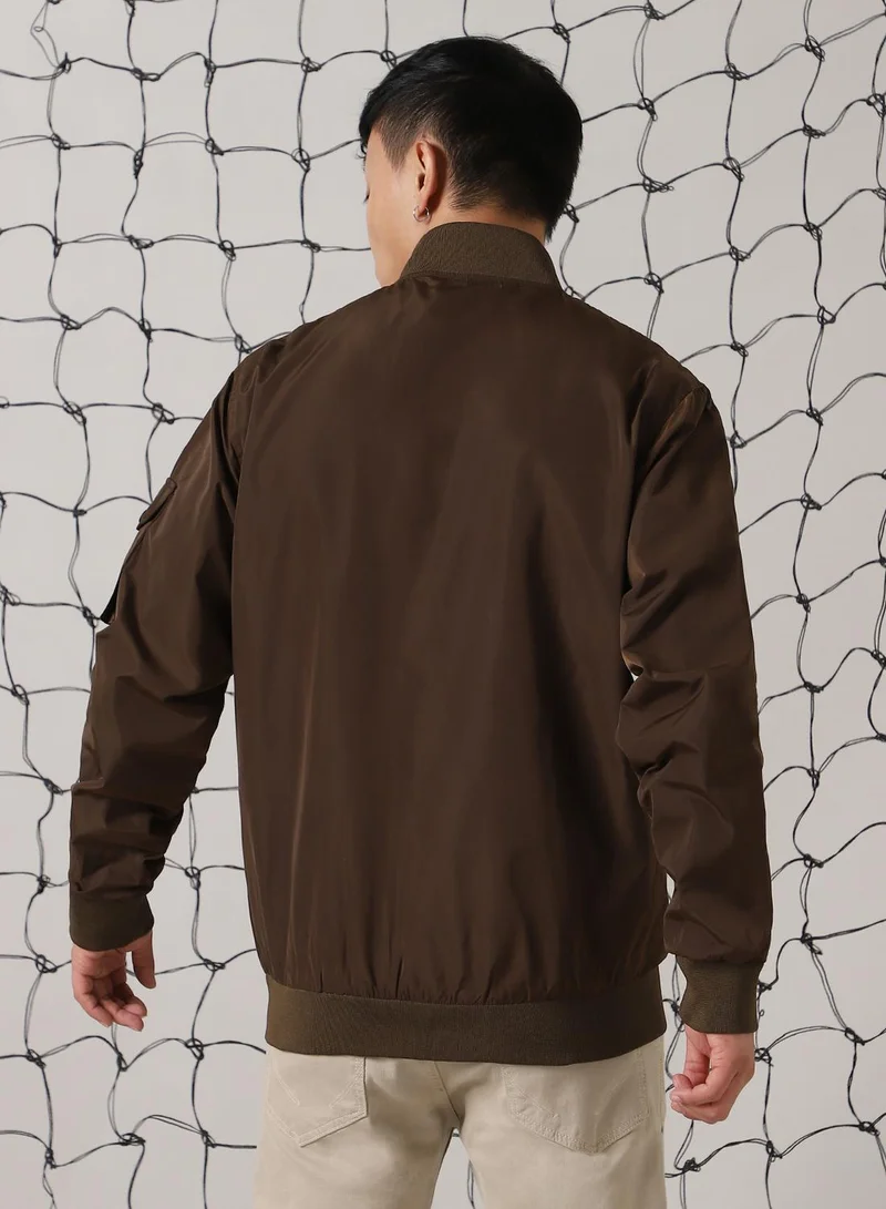 Hubberholme Men's Brown 100% Polyester Solid Oversized Jacket
