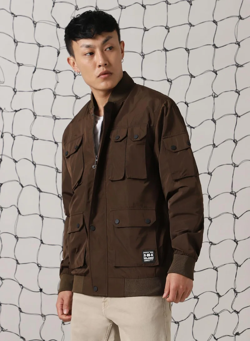 Hubberholme Men's Brown 100% Polyester Solid Oversized Jacket