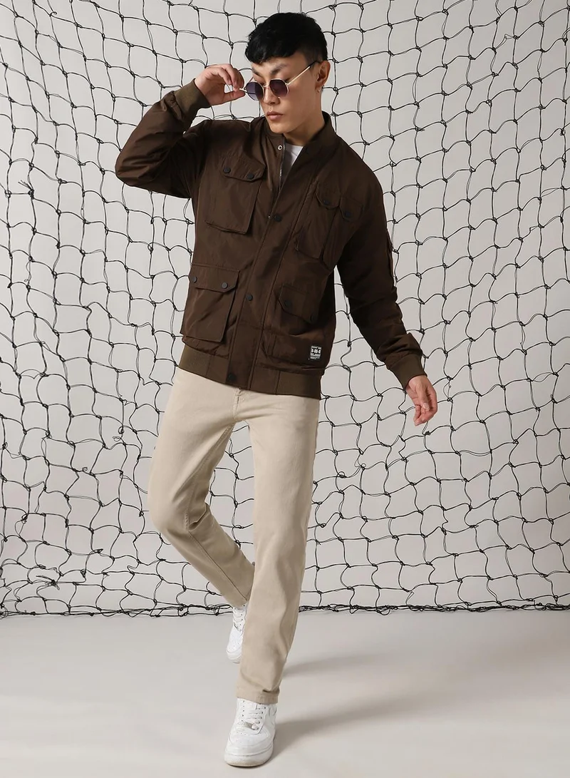Hubberholme Men's Brown 100% Polyester Solid Oversized Jacket