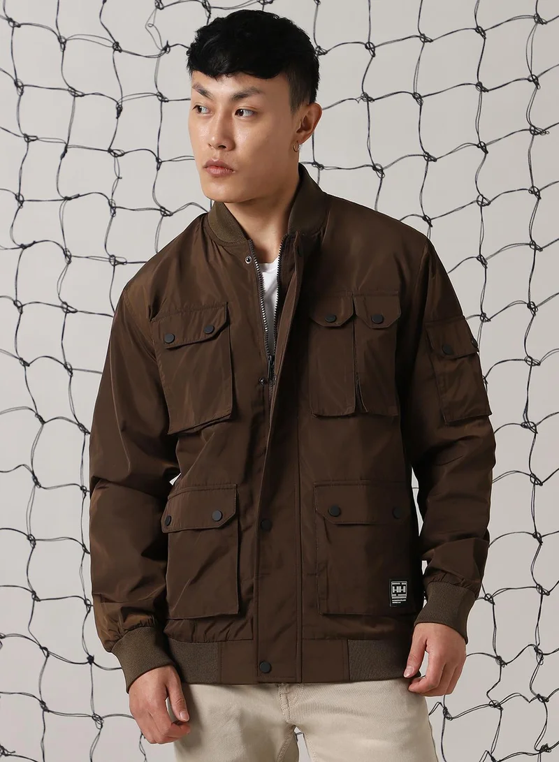 Hubberholme Men's Brown 100% Polyester Solid Oversized Jacket