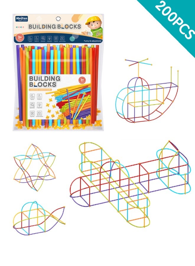 Loquat Straw Building Blocks Stem Kit, Creative Straw Constructor Toys, STEM Building Toys, DIY Educational Interlocking Plastic Engineering Toys Kit for Boys and Girls, Multicolor, 200Pcs - Image 1