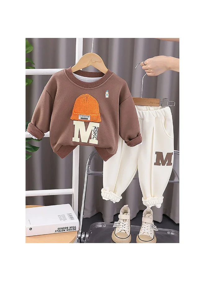 LITTLE SURPRISE BOX Brown 3D Cap Design 2 Pcs Track Suit Set For Toddlers And Kids