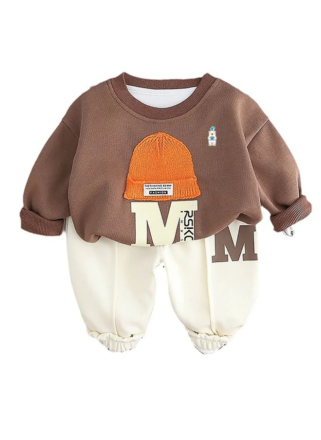 LITTLE SURPRISE BOX Brown 3D Cap Design 2 Pcs Track Suit Set For Toddlers And Kids