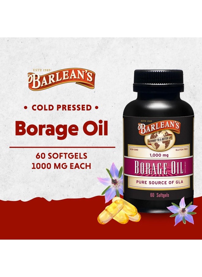 BARLEAN'S - Barlean's Borage Oil Capsules, 1000mg Cold Pressed Pure Borage Seed Oil GLA Supplement, Omega 6 for Healthy Skin Joints and Bones and Brain Function, Non-GMO and PA Safe, 60 Count - Image 1